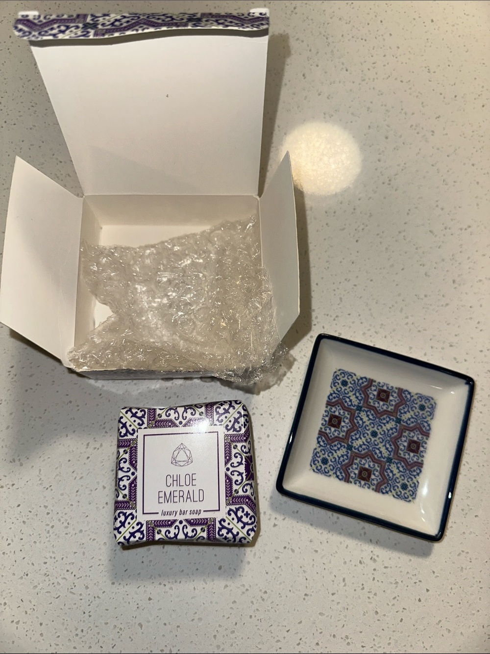 Emerald Luxury Bar Soap with Decorative Blue & Purple Ceramic Dish
